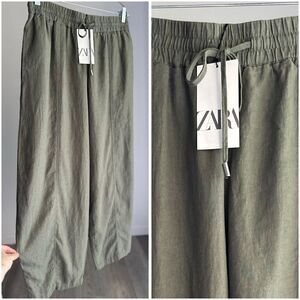 NWT ZARA BARREL LEG LINEN BLEND KNICKERBOCKER PANTS KHAKI GREEN LARGE